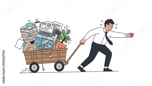 Stressed businessman pulling overloaded cart. Concept of work burden, overwhelm, office relocation, and professional struggle.