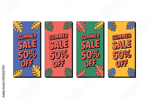 Vibrant summer sale banners with tropical leaves and 50% off discount.