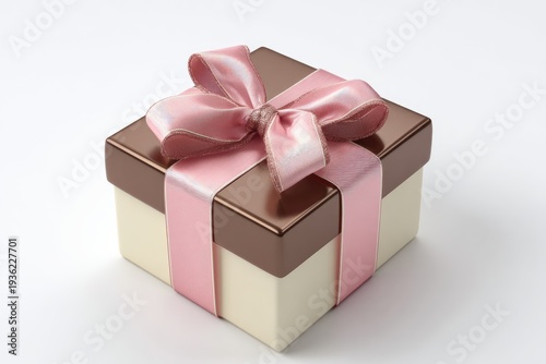 Square gift box, cream and bronze, pink ribbon bow
