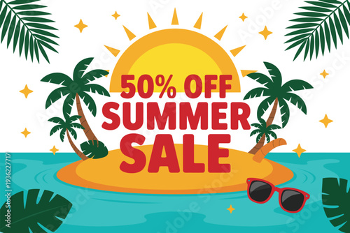 Sunny summer sale featuring 50% off with tropical island and palm trees.