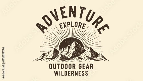 Vintage Adventure Explore Outdoor Gear Wilderness Mountain Sunrise Logo Design.