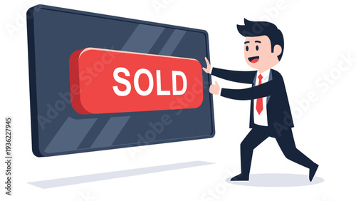 Happy Businessman Pushing SOLD Button - E-commerce Success & Deal Closing Concept