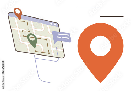 Travel planning, navigation tools, geolocation apps, map-based services, delivery tracking, route optimization. Map with marked route and location pin icon. Travel planning and navigation tools