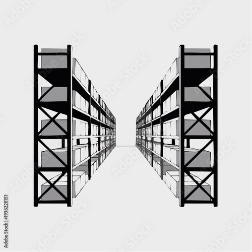 Symmetrical industrial shelving units with multiple levels and storage compartments.