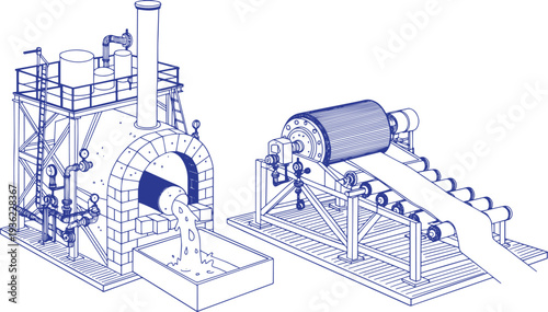 Steel Manufacturing Plant Vector Line Art Illustration, Industrial Factory with Blast Furnace and Rolling Mill, Heavy Industry Metallurgy Production Facility, Metal Processing Plant Outline Drawing 