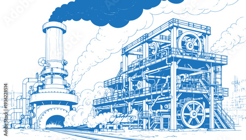 Steel Manufacturing Plant Vector Line Art Illustration, Industrial Factory with Blast Furnace and Rolling Mill, Heavy Industry Metallurgy Production Facility, Metal Processing Plant Outline Drawing 