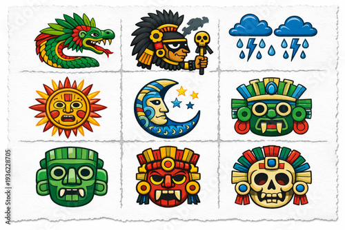 Mexican Mythology Icon Set with Quetzalcoatl, Ancient Deity Masks, Tlaloc Rain Symbols, and Aztec Glyphs in Distressed Vector Style