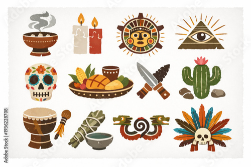 Mexican Spiritual and Ritual Icon Set with Copal Incense, Ceremonial Candles, Offering Plates, and Ancient Symbols in Distressed Vector Style