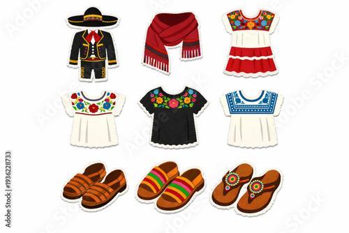 Mexican Traditional Clothing Icon Set with Charro Suit, Huipil Dress, Rebozo Shawl, and Sandals in Distressed Flat Vector Style