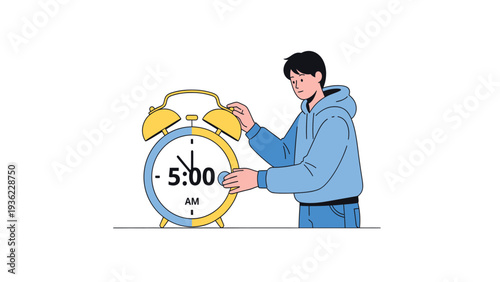 Young adult setting a 5 AM alarm clock. Early morning routine, time management, wake-up call, and productivity concept.