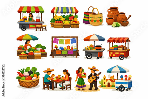 Mexican Daily Life Icon Set with Street Markets, Fruit Stands, Clay Jars, and Artisan Stalls in Torn Vector Style