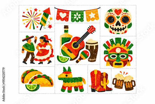 Mexican Festivals Icon Set with Fireworks, Party Banners, Dancing Figures, Piñata, and Drums in Distressed Flat Vector Style
