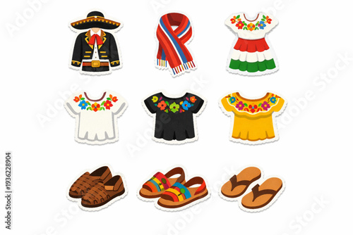 Mexican Traditional Clothing Icon Set with Charro Suit, Huipil Dress, Rebozo Shawl, and Sandals in Distressed Flat Vector Style