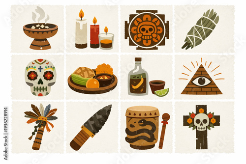 Mexican Spiritual and Ritual Icon Set with Copal Incense, Ceremonial Candles, Offering Plates, and Ancient Symbols in Distressed Vector Style