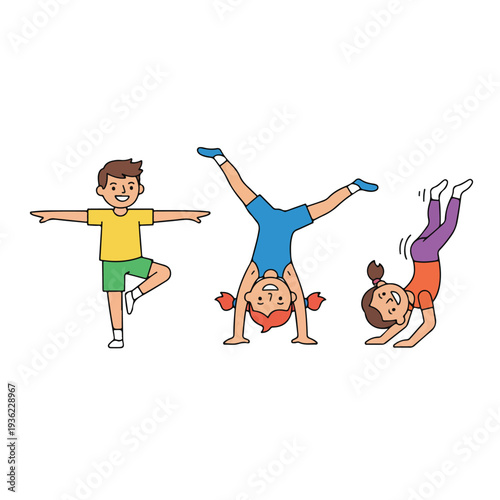 Three happy children, a boy and two girls, perform various gymnastic and balancing exercises, including a tree pose, a cartwheel, and a forward roll, on a white background.
