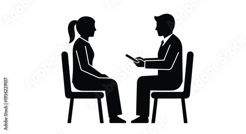 A black silhouette of a job interview with a man and woman seated