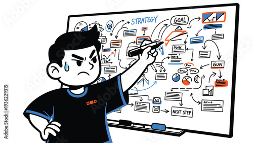 Cartoon Man Frustrated by Complex Business Strategy Flowchart on Whiteboard