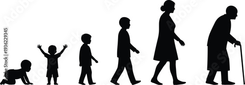 Black silhouettes showing stages of human life from infancy to old age, growth, aging, development vector illustration for education, biology, social design projects