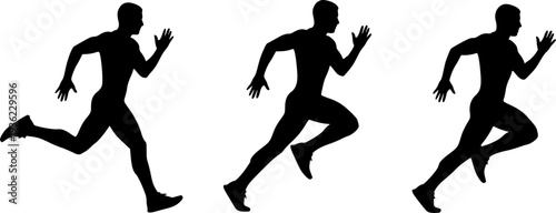 Set of three black silhouettes showing a male athlete running in different motion stages for sports fitness marathon and healthy lifestyle designs.
