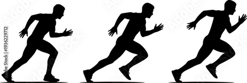 Set of three black silhouettes showing a male athlete running in different motion stages for sports fitness marathon and healthy lifestyle designs.
