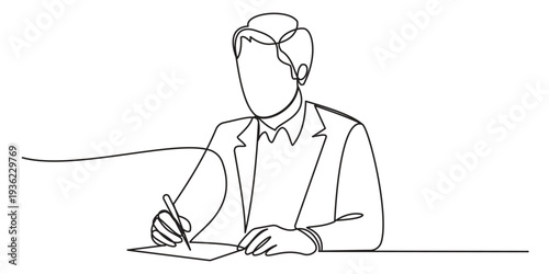 Minimalist one line art illustration of a professional man writing notes at his office desk