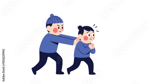 Bullying illustration: Angry person pushing scared individual from behind. Harassment and conflict concept.