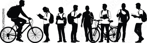 Black student silhouettes with backpacks, bicycles, reading, writing, learning, education lifestyle, campus activities, vector illustration, academic design elements