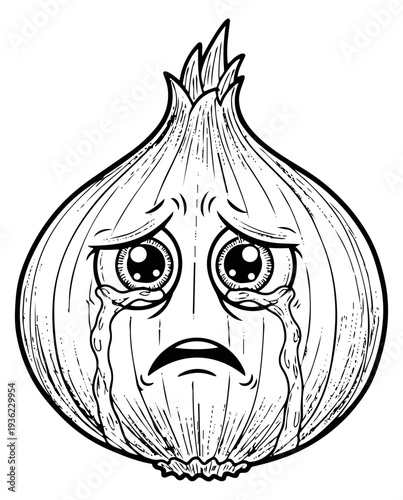 Sad onion character with tears hand drawn sketch