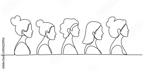 Continuous line drawing of five diverse women's side profiles representing unity and diversity.
