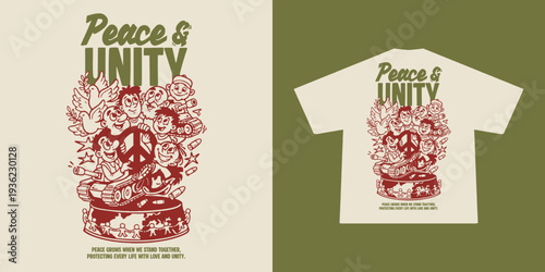 Peace & Unity Cartoon Illustration – Children and Doves Anti-War T-Shirt Vector Design