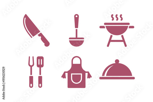 Collection of kitchen and grilling icons including knife, ladle, grill, spatula, apron, and serving dome.