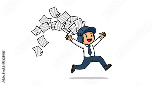 Happy cartoon office worker running with papers flying, illustrating quick task completion or freedom