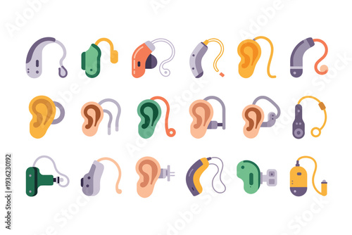 Collection of diverse hearing aids and ear molds for hearing loss solutions