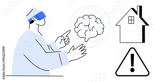 Virtual reality, artificial intelligence, smart home technology, neuroscience, data analysis, safety awareness. Person wearing VR goggles interacting with brain data network, house icon