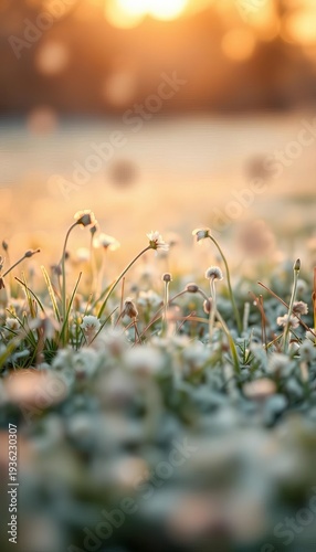 Whispers of dawn across a frosted meadow, soft focus blossoms drift,  gentle,  meadow