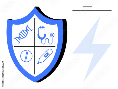 Health protection, medical services, healthcare technology, pharmaceutical safety, wellness, disease prevention. Blue shield with DNA, stethoscope pill thermometer and lightning. Health