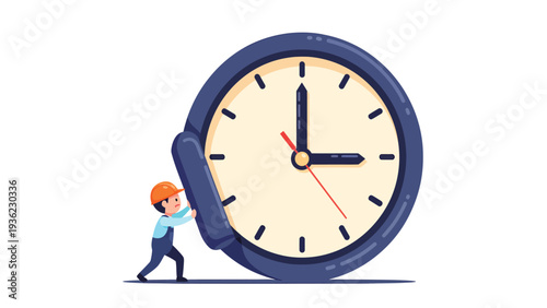 Hardworking character pushing clock hand, illustrating time management, control, and efficiency concept
