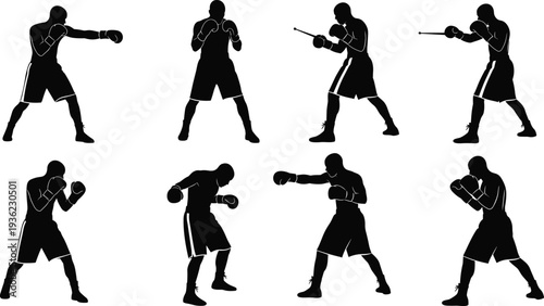 Boxer silhouettes collection featuring diverse stances, jabs, guards, defensive postures, and training techniques for vector illustration design projects