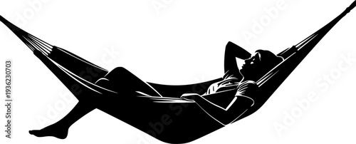 Silhouette of a person relaxing in a hammock human, silhouette, person, human, male, female, relaxing, hammock, lying, resting, leisure, vacation, travel, outdoor, nature, summer, comfort, peace