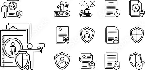 Medical insurance and personal protection line icon set featuring accident coverage health policy documents and shield safety symbols for corporate design
