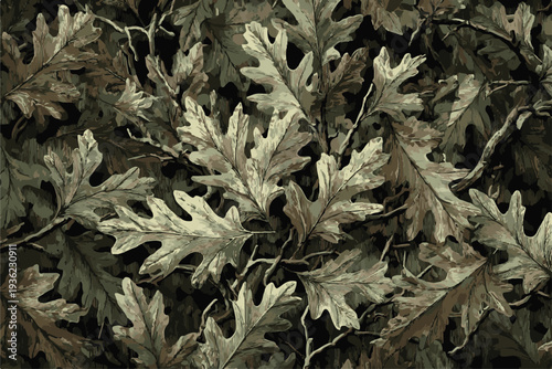 Seamless woodland camouflage pattern featuring realistic oak leaves, branches, and tree bark for hunting and military apparel backgrounds 