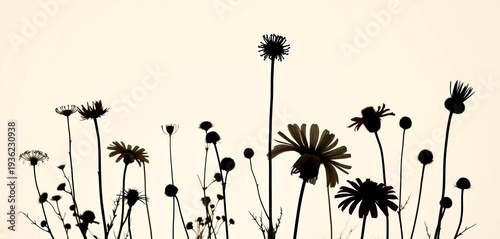 Intricate silhouettes of various wildflowers against a clean background, showcasing delicate forms and textures,  art,  contour