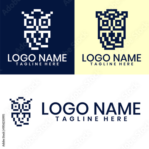 Modern pixel art owl logo.