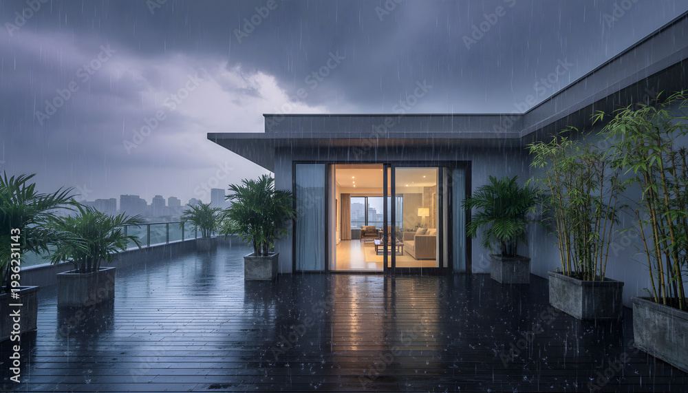 Fototapeta premium Rooftop terrace apartment raining with city skyline view