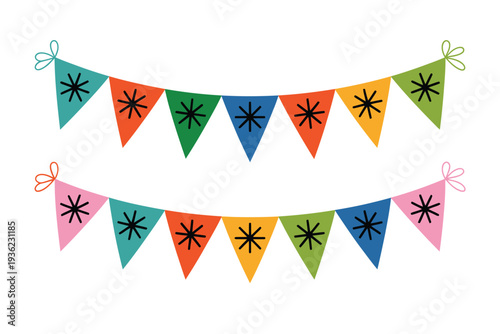 Bunting flags icon illustration with colorful triangular pennants and floral patterns