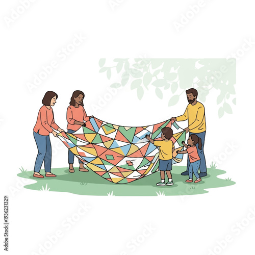 Joyful diverse family enjoying an outdoor game with a vibrant patterned blanket, spending quality time and having fun together.