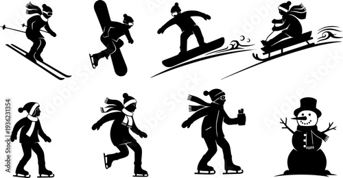 Winter activity silhouette vector illustration, skiing, snowboarding, sledding, skating, snowman building, outdoor fun, seasonal sports clipart, black figures, cold weather recreation