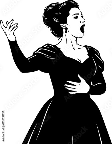 Woman Opera Singer singing vector illustration Silhouette isolated on white background
