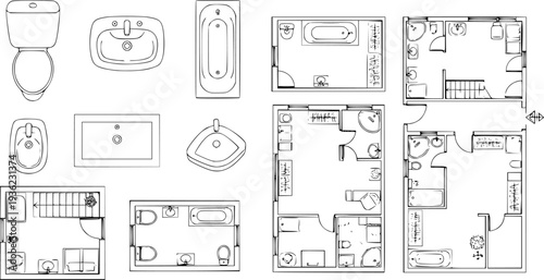 Collection of bathroom fixture line drawings and floor plan layouts
