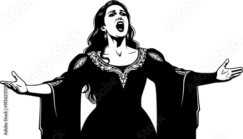 Woman Opera Singer singing vector illustration Silhouette isolated on white background
